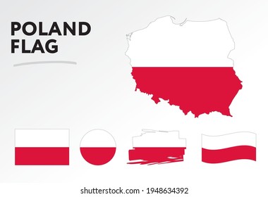 Various designs of the Poland flag and map. World flags. Vector set. Circle icon. Brush stroke. Template for independence day.