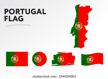 Various designs of the Portugal flag and map. World flags. Vector set. Circle icon. Brush stroke. Template for independence day.