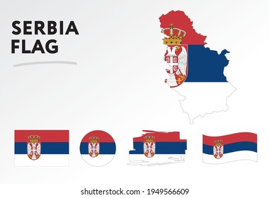 Various designs of the Serbia flag and map. World flags. Vector set. Circle icon. Brush stroke. Template for independence day.