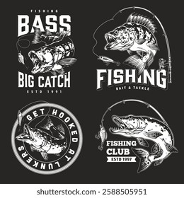 Various designs showcase a fishing theme with bass illustrations fishing rods and related text. Elements highlight different aspects of fishing culture and community since the 1990s.