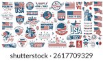 Various designs showcase red white and blue themes in celebration of Independence Day. The graphic features flags fireworks and festive typography representing patriotism.