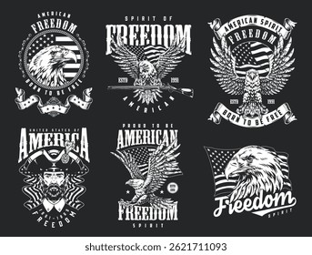 Various designs showcase symbols of freedom including eagles flags and a pirate celebrating the American spirit and values. Each design features bold graphics and unique typography.