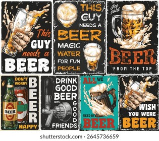 Various designs showcase whimsical quotes about beer emphasizing the enjoyment of drinking and sharing moments with friends perfect for a home bar or gathering.