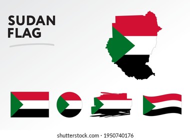 Various designs of the Sudan flag and map. World flags. Vector set. Circle icon. Brush stroke. Template for independence day.