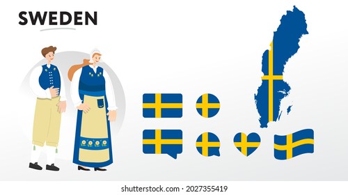 Verschiedene Designs der schwedischen Flagge und Karte. Weltflaggen. Vektorset. Circle Icon. Pinselstrich. Vorlage für den Unabhängigkeitstag. Cartoon Figuren in traditionellen Kostümen. 
