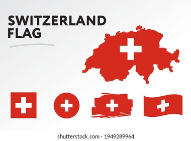 Varios diseños de la bandera y mapa de Suiza. Banderas del mundo. Conjunto de vectores. Círculo. Toco de pincel. Plantilla para el día de la independencia.