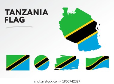Various designs of the Tanzania flag and map. World flags. Vector set. Circle icon. Brush stroke. Template for independence day.