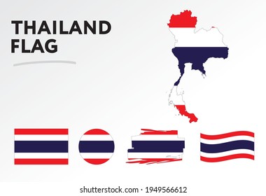 Varios diseños de la bandera y mapa de Tailandia. Banderas del mundo. Conjunto de vectores. Círculo. Toco de pincel. Plantilla para el día de la independencia.