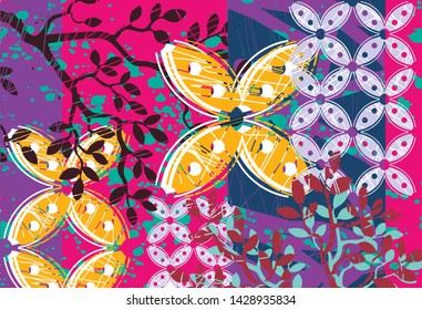 
Various designs of typical Indonesian batik motifs are mixed with floral patterns in an abstract form