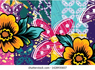 
Various designs of typical Indonesian batik motifs are mixed with floral patterns in an abstract form