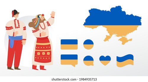 Various designs of the Ukraine flag and map. Cartoon characters in traditional costume. World flags. Vector set. Circle icon. Template for independence day. National clothes.