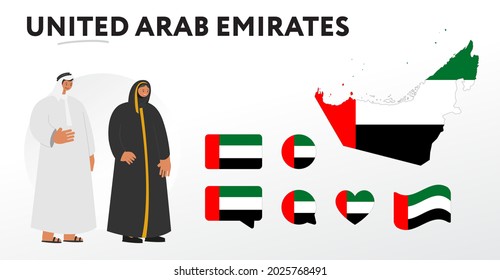 Various designs of the United Arab Emirates flag and UAE map. World flags. Vector set. Circle icon. Brush stroke. Template for independence day. Cartoon characters in traditional costume. 