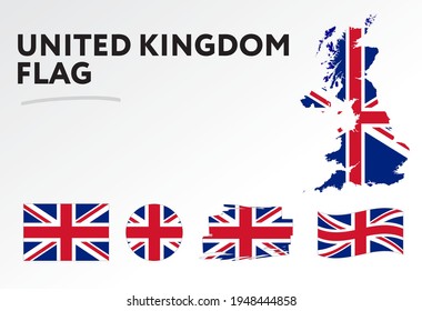 Various designs of the United Kingdom flag and map. World flags. Vector set. Circle icon. Brush stroke. Template for independence day.