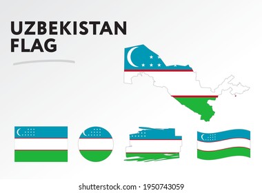 Various designs of the Uzbekistan flag and map. World flags. Vector set. Circle icon. Brush stroke. Template for independence day.