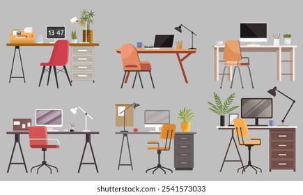 Várias configurações de mesa com computadores, cadeiras, plantas, lâmpadas e material de escritório. Ideal para inspiração em espaço de trabalho, organização de escritório, design de interiores, dicas de produtividade e escritórios domésticos modernos