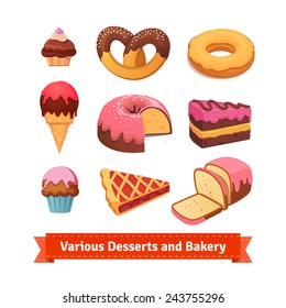 Various desserts and bakery. Cupcakes, pretzel, donut, cake, pie, ice cream, sweet bread. Flat style illustration. 