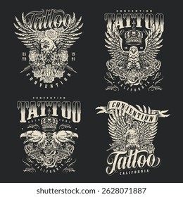 Various detailed designs showcasing eagle and crown motifs for a tattoo convention in California. The artistic style reflects a bold vintage aesthetic with intricate line work.