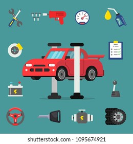 Various details for car service. Vector flat illustrations. Vehicle service, auto repair, automobile maintenance