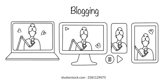 Various devices are drawn on the screen of which a girl blogger is depicted. The girl published video content that can be watched by a large number of people on any device. Vector illustration.