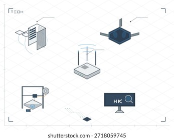 Varios dispositivos relacionados con la red y la tecnología se muestran en un diseño digital. Los componentes incluyen un servidor, enrutador, impresora 3D y monitor junto con las conexiones.