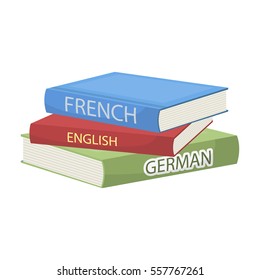 Various dictionaries icon in cartoon style isolated on white background. Interpreter and translator symbol stock vector illustration.