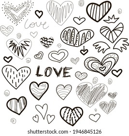 Diversos corazones divertidos. Vector dibujado a mano 
ilustración. Línea negra. La concepción del amor.