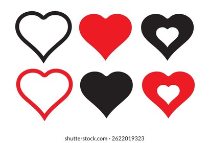 Various different hand drawn heart icon love collection isolated on white background. Red heart symbol. Vector Illustration eps 10