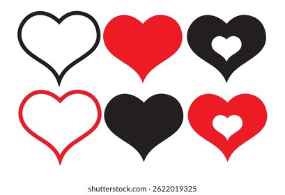 Various different hand drawn heart icon love collection isolated on white background. Red heart symbol. Vector Illustration eps 10