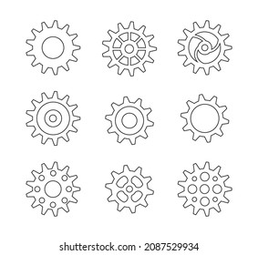 Various different mechanic gears set. Flat, isolated, black solid outline. For clockwork mechanism.