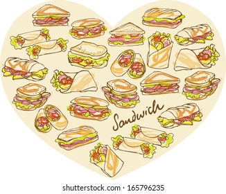 Various different sandwich arranged in heart shape