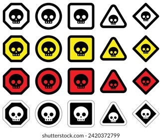 various different shapes and colors danger skull warning sign of caution hazard traffic toxic poison icon symbol vector flat badges emblems design for website mobile isolated on white Background