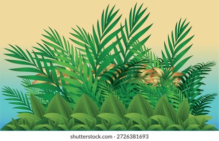 Verschiedene verschiedene Größe und Form grünes Blatt und mehrfarbige Blume machen Kunstwerke auf buntem Hintergrund