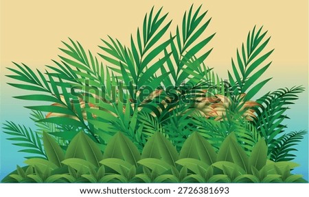Various different size and shape green leaf and multicoloured flower make artwork on colourful background