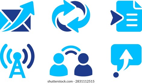Various digital data and communication glyph icons depicting email arrows sync cycle document transfer network signals social linking and messaging notifications.