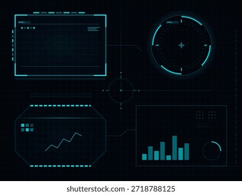 Various digital panels show charts and graphs. Data trends are visualized on screens with blue highlights. This display represents data analysis in a technical setting.