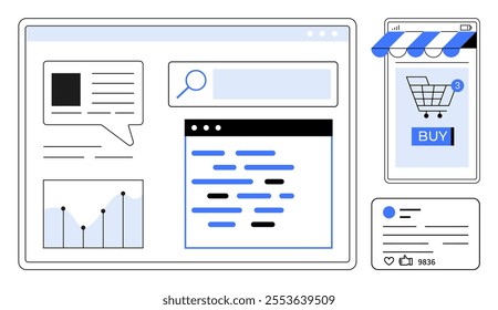 Various digital user interface elements include a search bar, speech bubble, online shopping cart notification, social media post, and analytics chart. Ideal for web design, e-commerce, digital