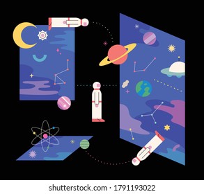 Various dimensions of outer space and astronauts moving through that dimension. flat design style minimal vector illustration.