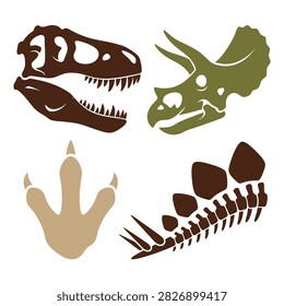 Various dinosaur bones and skull silhouettes displayed together