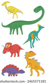 Various dinosaur characters. Funny prehistoric animals in simple hand drawn style