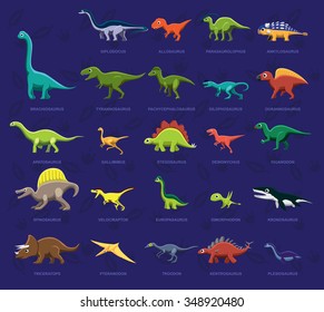 Various Dinosaur Side View Cartoon Vector Illustration