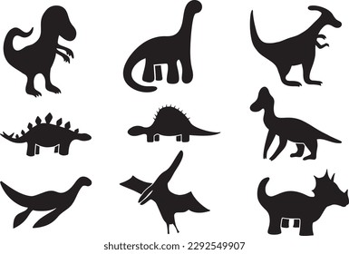 Ilustraciones de Silhouette de Dinosaurios como T Rex, Stegosaurus y Triceratops