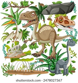 Various dinosaurs in a lush, green jungle