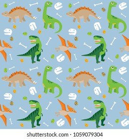 Various Dinosaurs on Blue Background Seamless Pattern Flat Vector Illustration