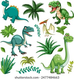 Various dinosaurs and plants in a vibrant design