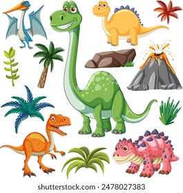 Various dinosaurs with plants and volcano background