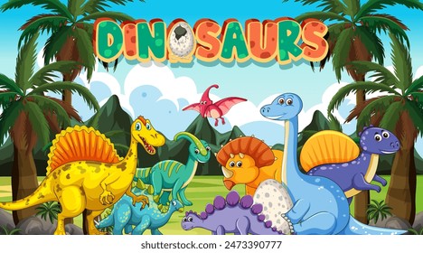 Various dinosaurs in a vibrant jungle setting