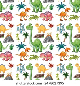Various dinosaurs with volcanoes and plants