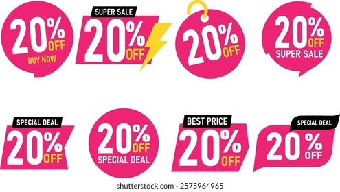 Various discount stickers, sale badge templates with sale percentage symbols, discount price tag set. Pink, yellow, black 20 to % (percent).