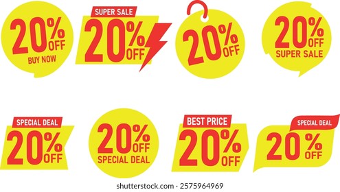 Various discount stickers, sale badge templates with sale percentage symbols, discount price tag set. Red, yellow 20 to % (percent).