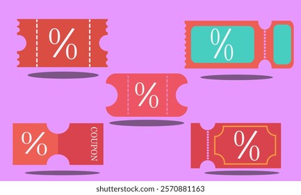 Various discount ticket or coupon set with pink and red design.